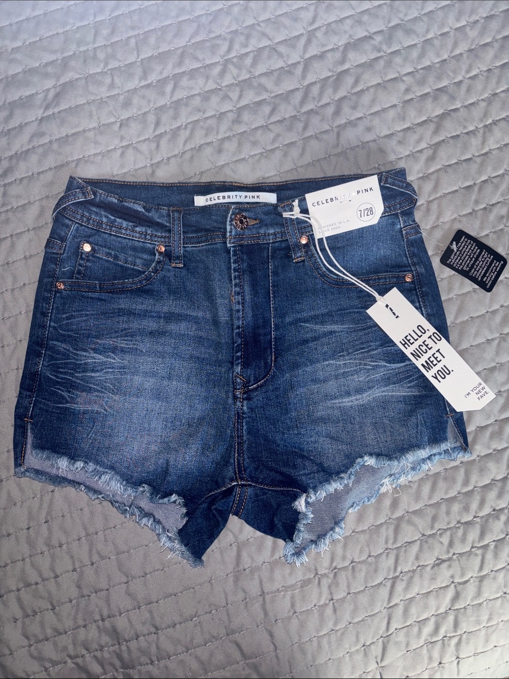 Celebrity Pink Dark Blue Frayed Hem Denim Shorts